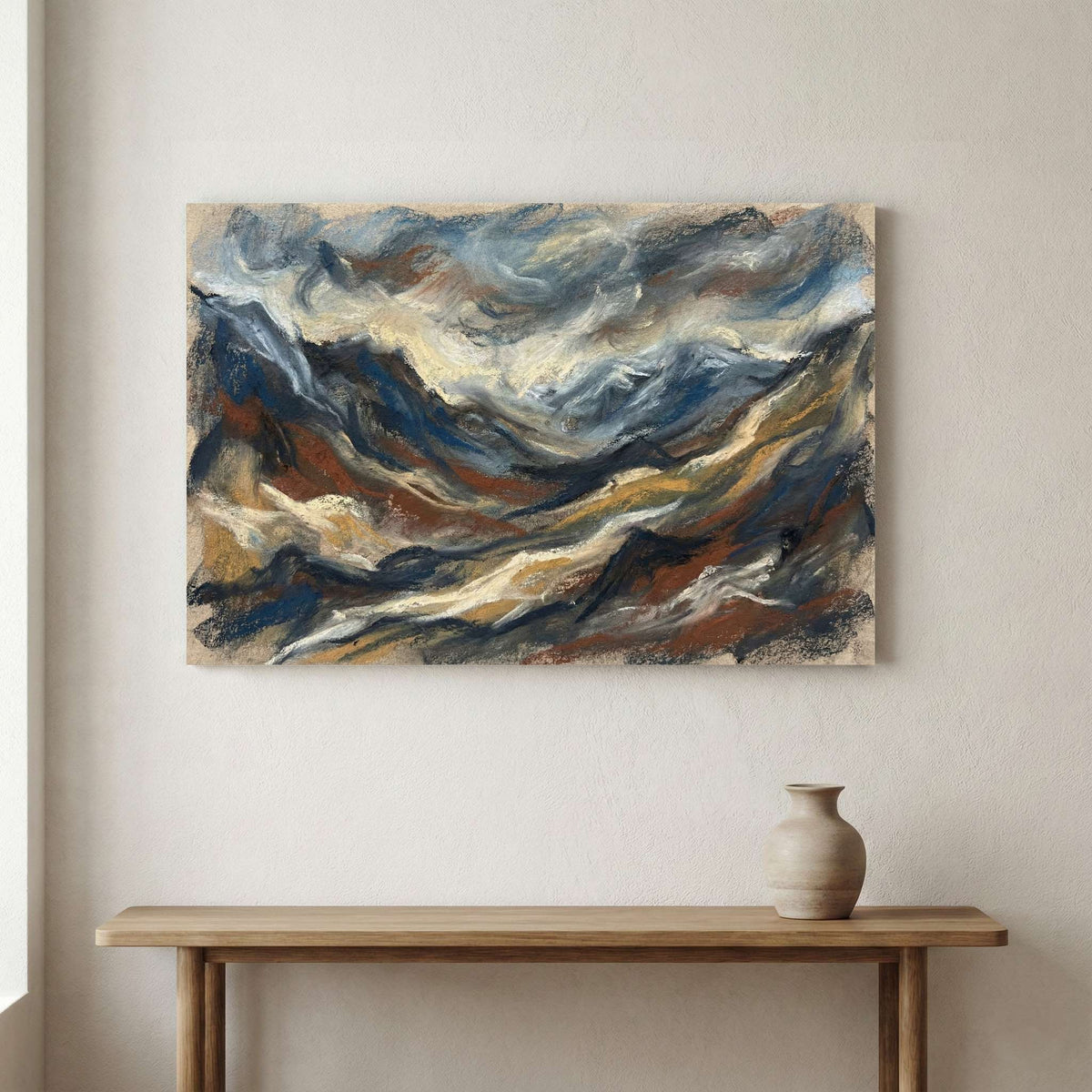Blue Gold Flowing Abstract canvas wall art in a framed room setting