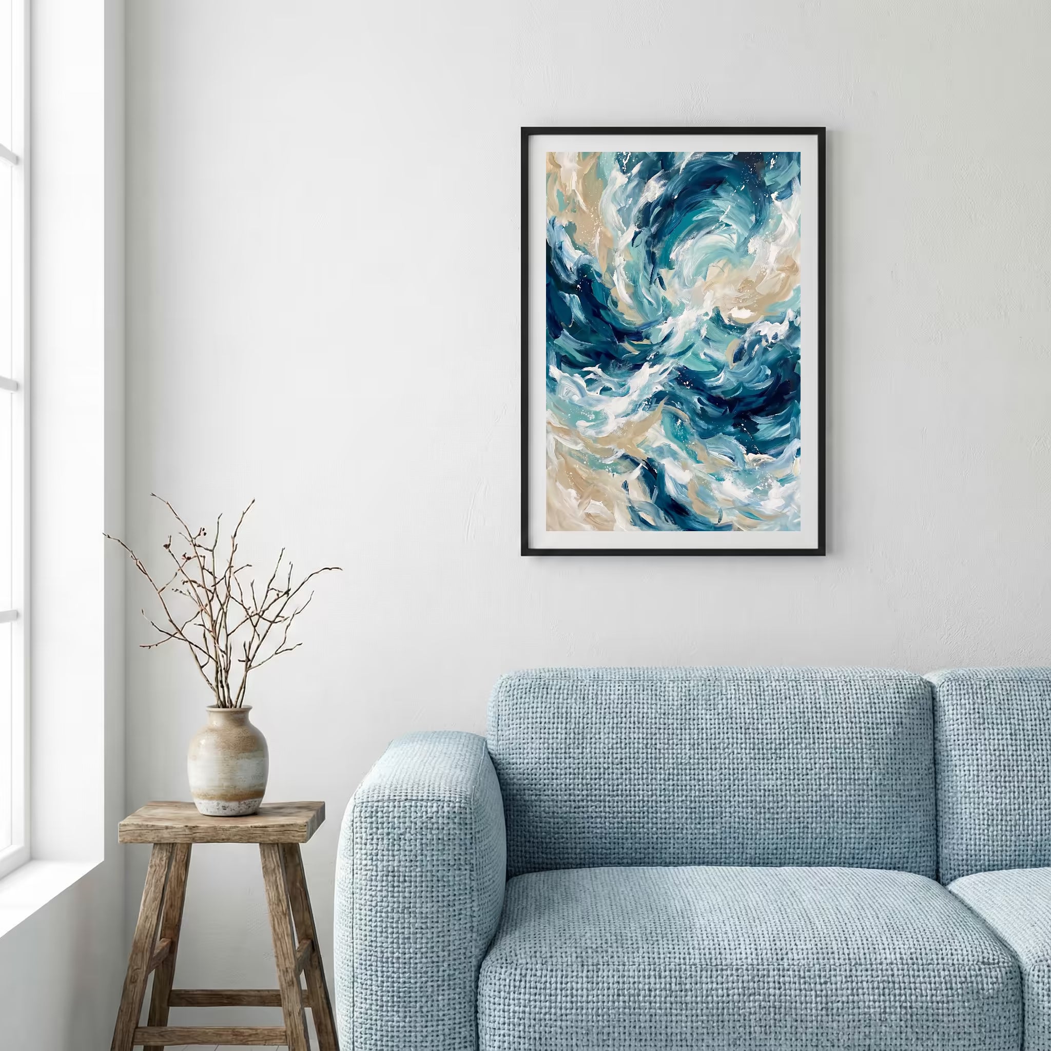 Blue White Ocean-Inspired Abstract canvas wall art — alternate a view