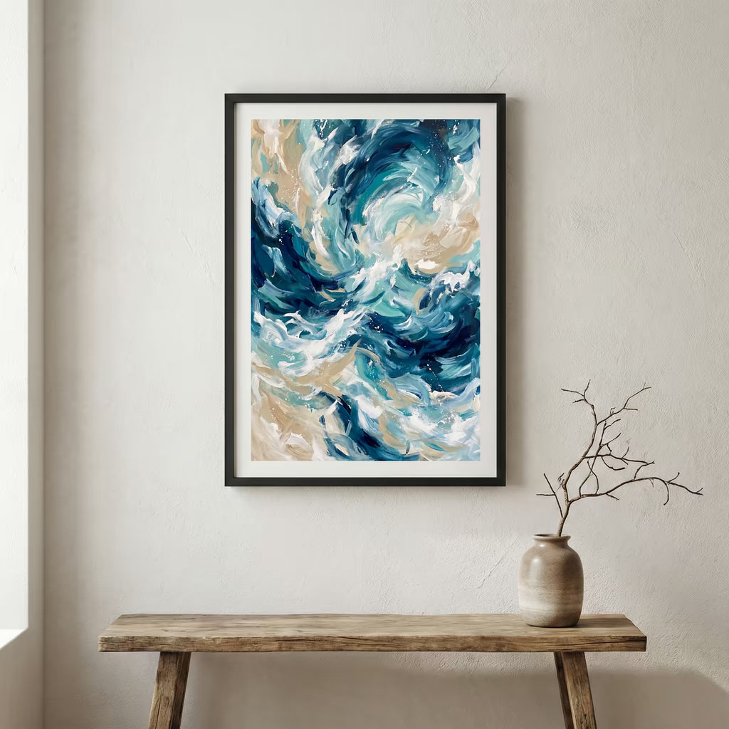 Blue White Ocean-Inspired Abstract canvas wall art in a framed room setting