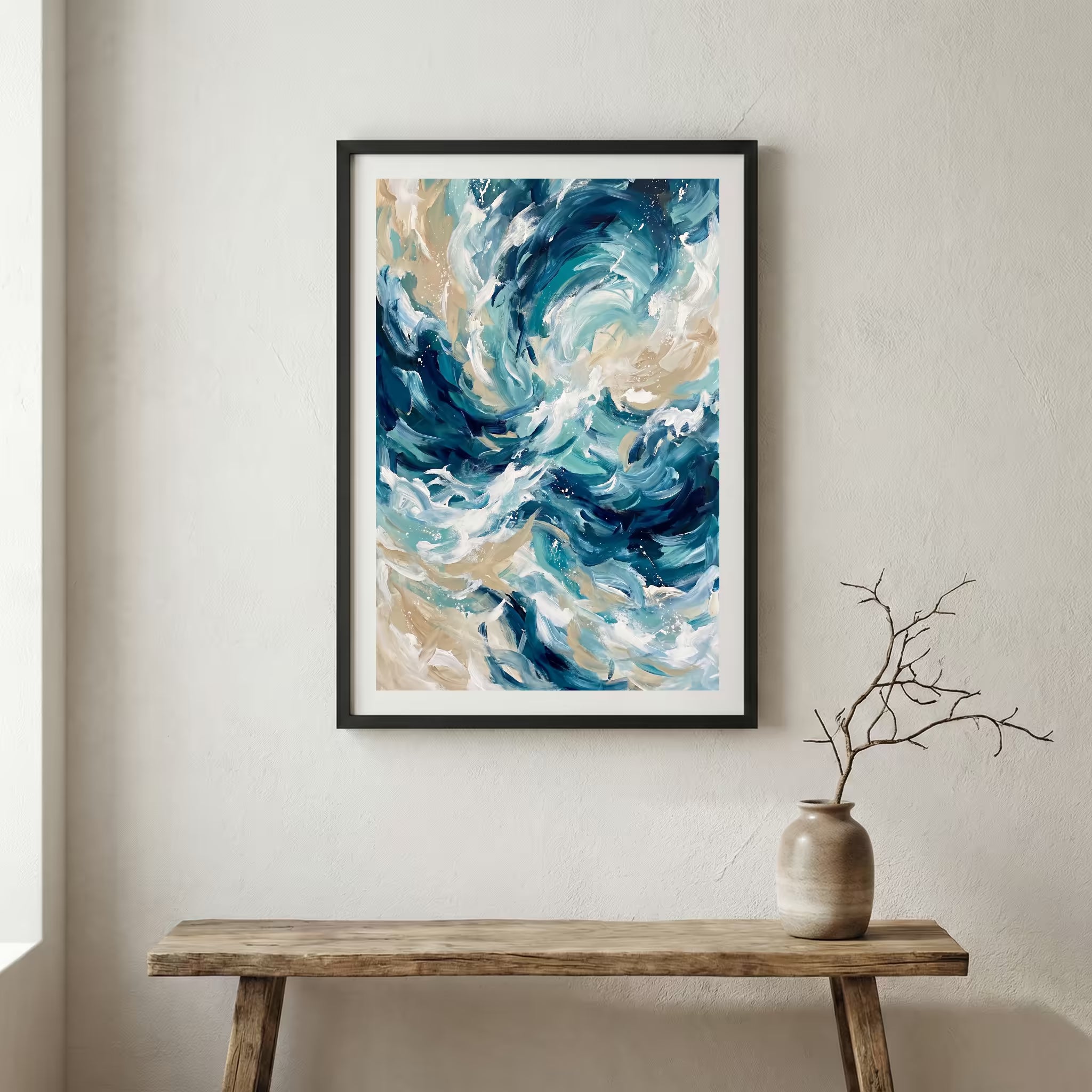 Blue White Ocean-Inspired Abstract canvas wall art in a framed room setting