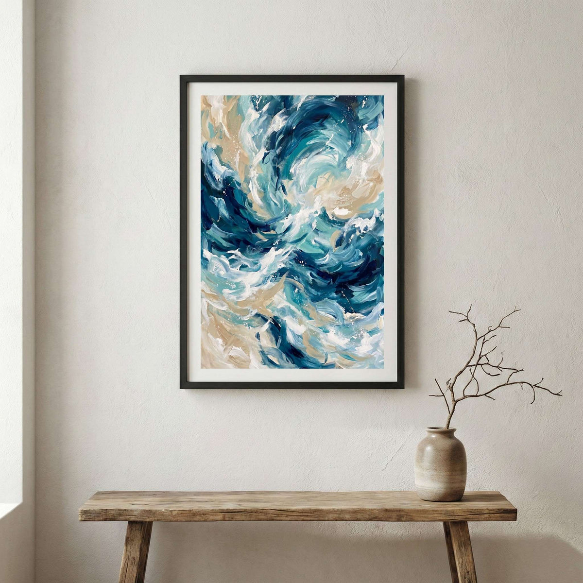 Blue White Ocean-Inspired Abstract canvas wall art in a framed room setting
