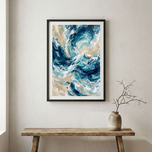 Blue White Ocean-Inspired Abstract canvas wall art in a framed room setting