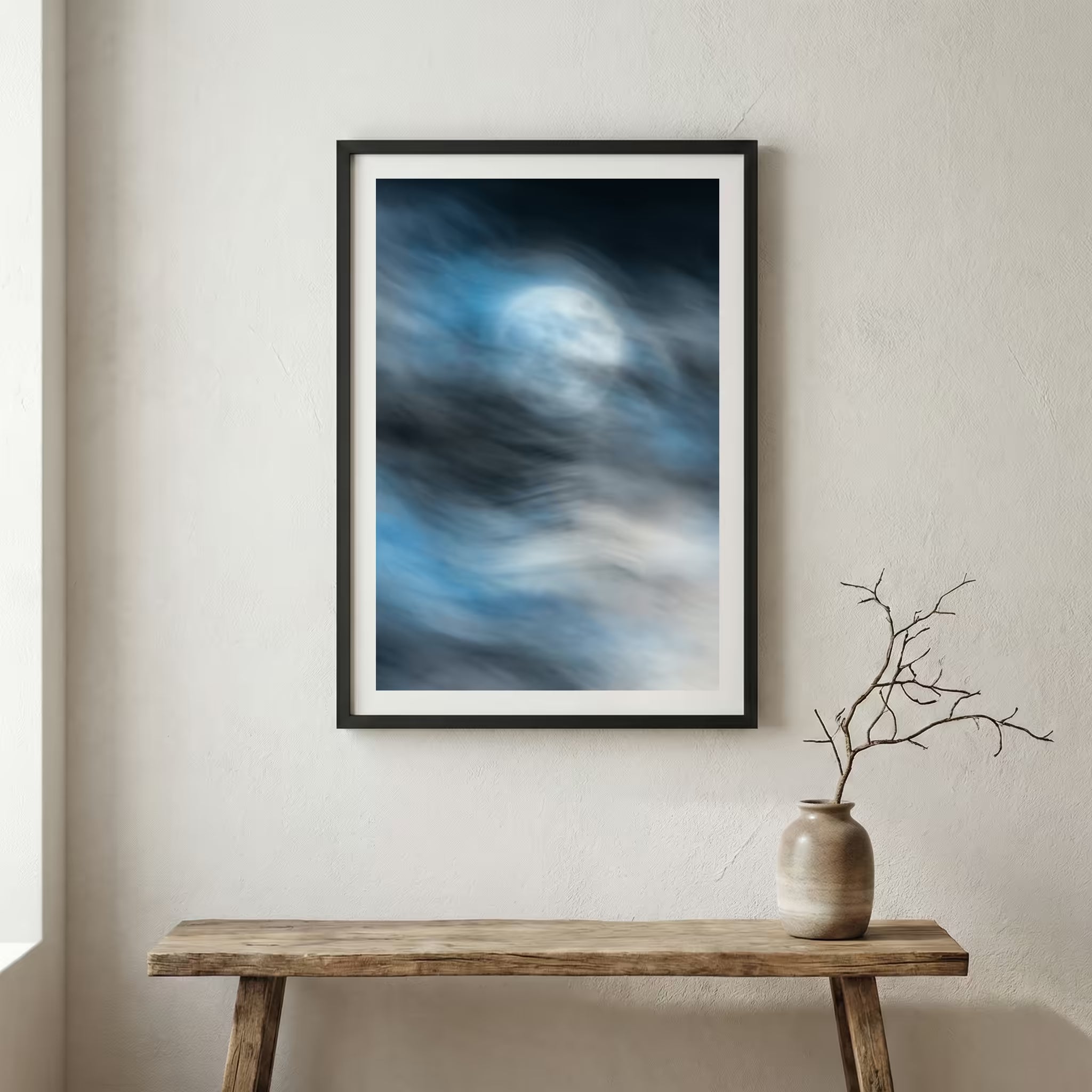 Blue Motion Abstract canvas wall art in a framed room setting