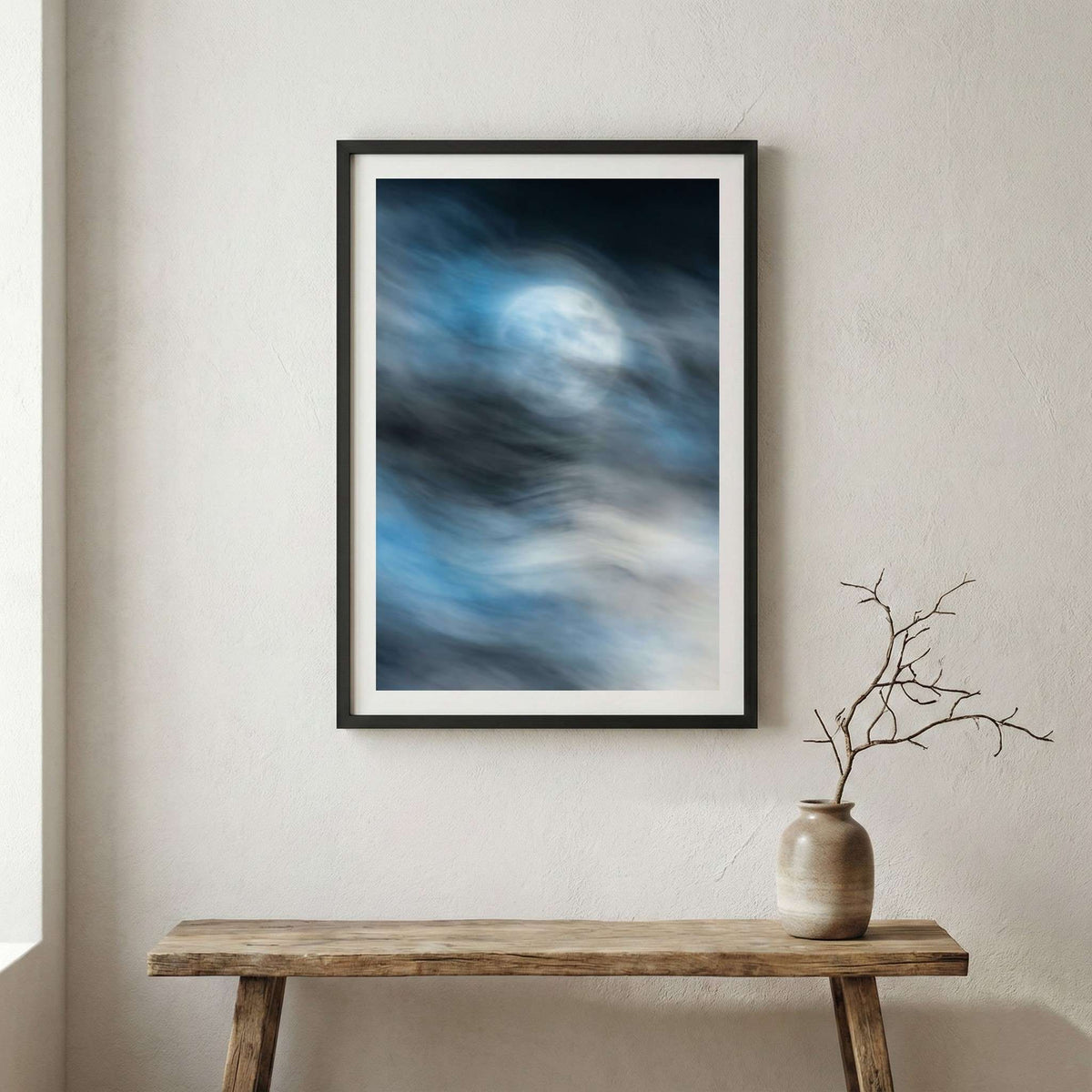 Blue Motion Abstract canvas wall art in a framed room setting