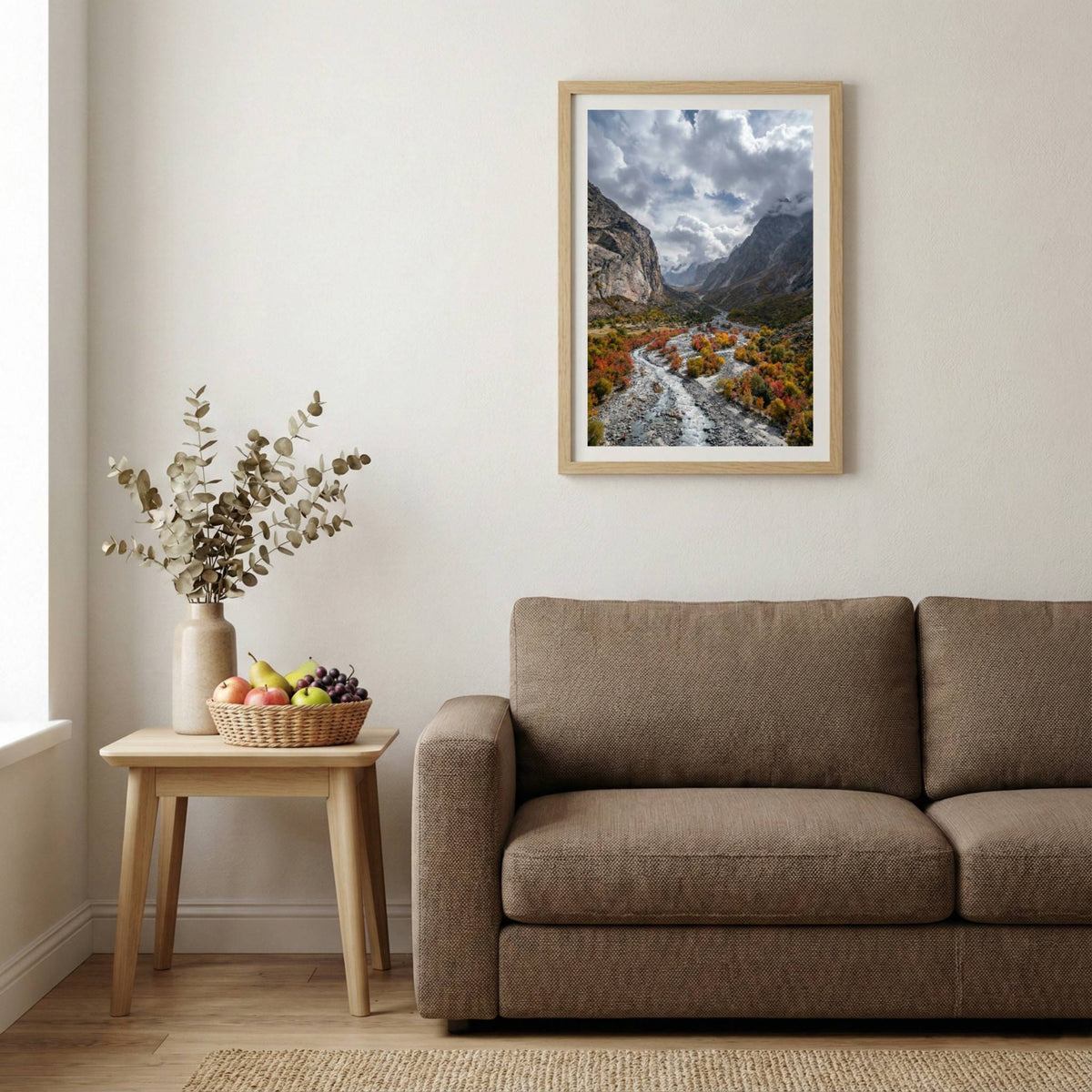 Braided river bed winding through autumn-red shrubs and mountains — wooden-frame wall art print, 20×30 in