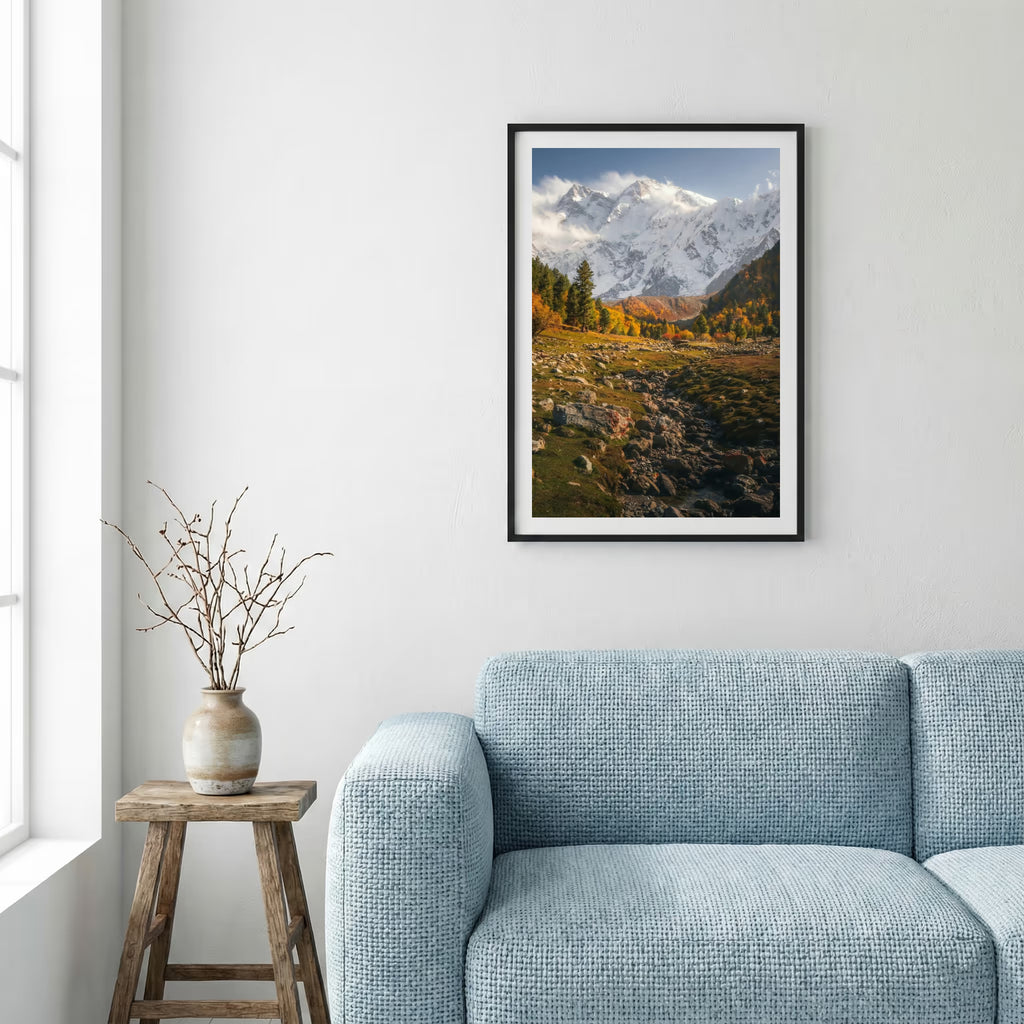 Braided river bed winding through autumn-red shrubs and mountains — framed canvas wall art in a wooden frame, 16×24 in