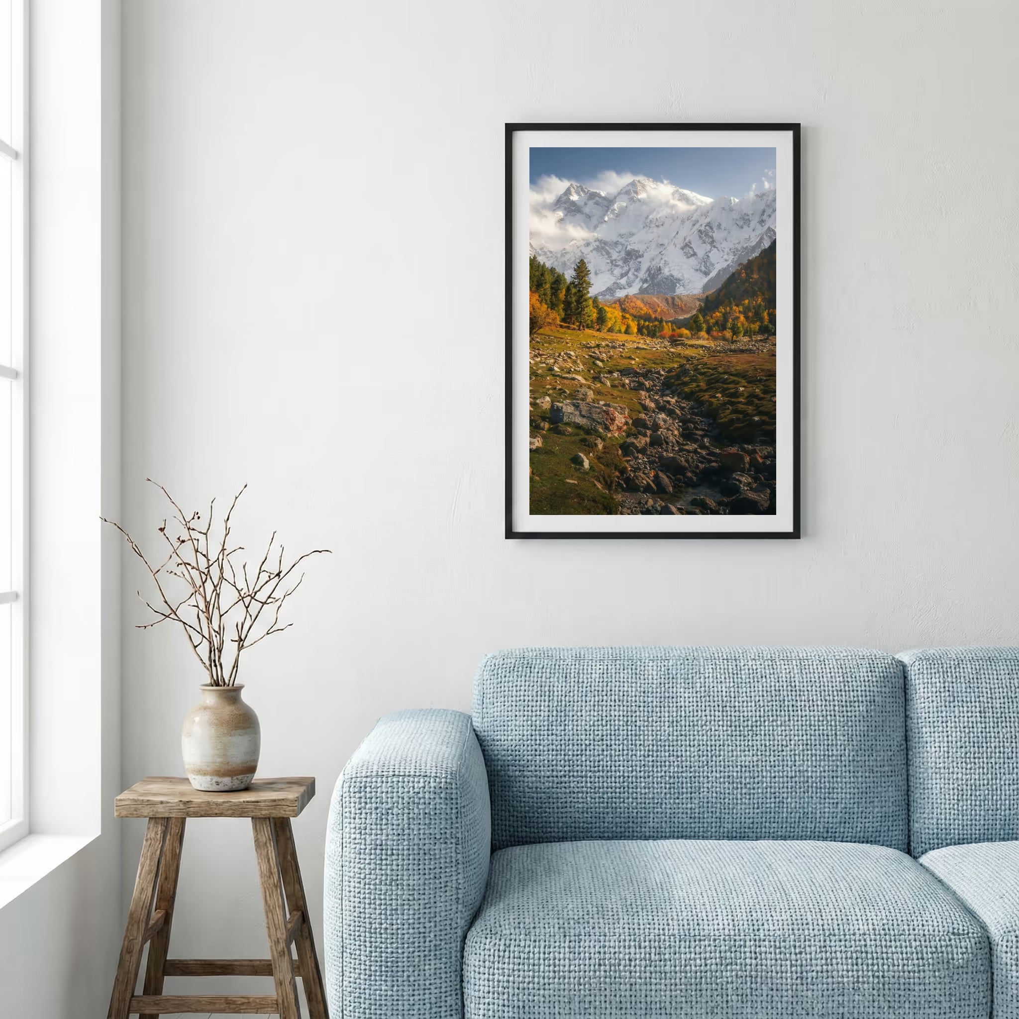 Braided river bed winding through autumn-red shrubs and mountains — framed canvas wall art in a wooden frame, 16×24 in
