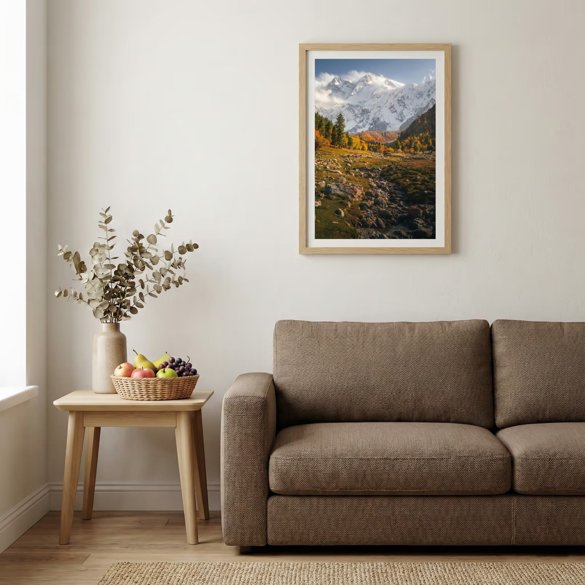 Braided river bed winding through autumn-red shrubs and mountains — wooden-frame wall art print, 20×30 in