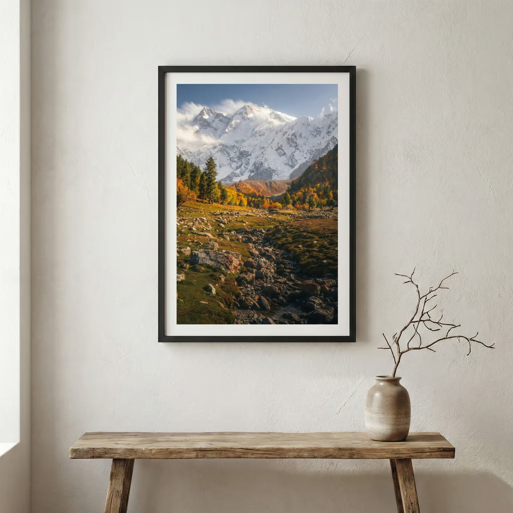 Braided river bed winding through autumn-red shrubs and mountains — wooden frame canvas wall art print, 12×18 in