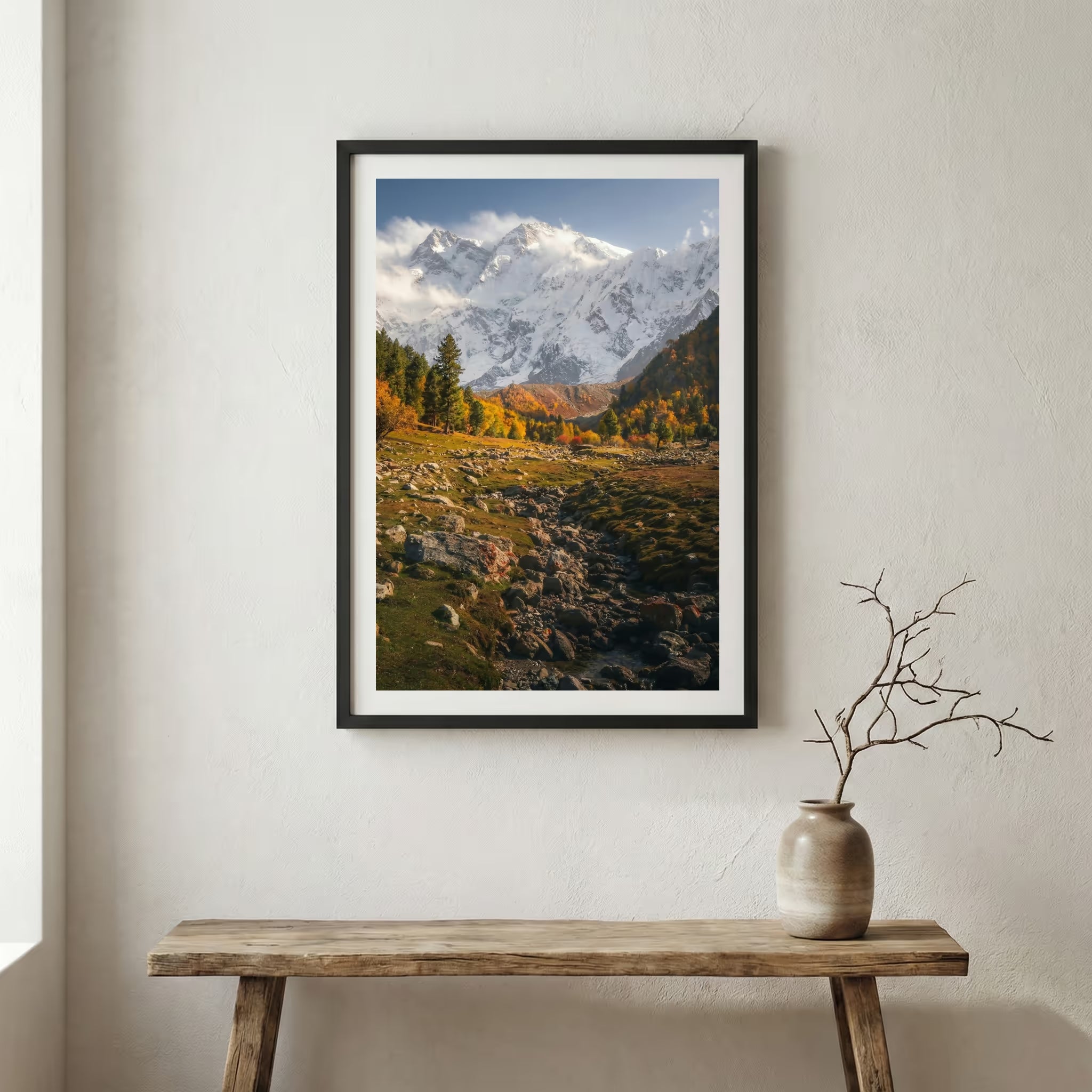 Braided river bed winding through autumn-red shrubs and mountains — wooden frame canvas wall art print, 12×18 in