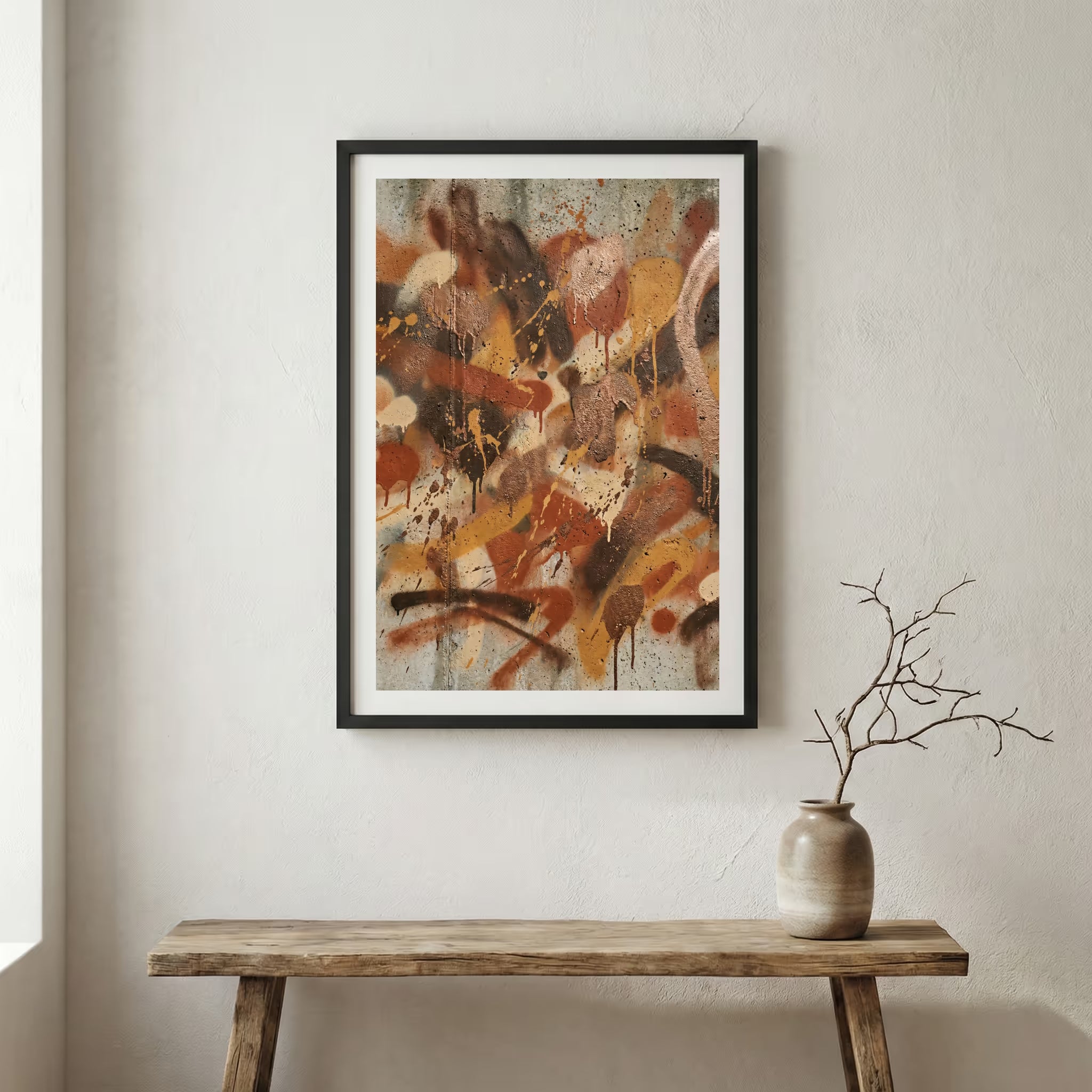 Orange Blue Textured Abstract canvas wall art in a framed room setting