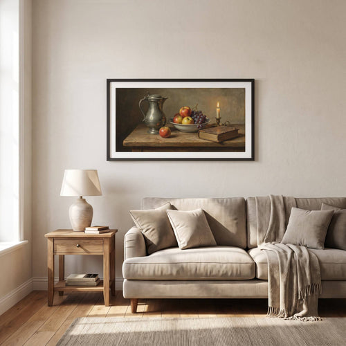 Vintage still life painting of a pewter jug, fruit, and a lit candle on a dark table — framed vintage painting.