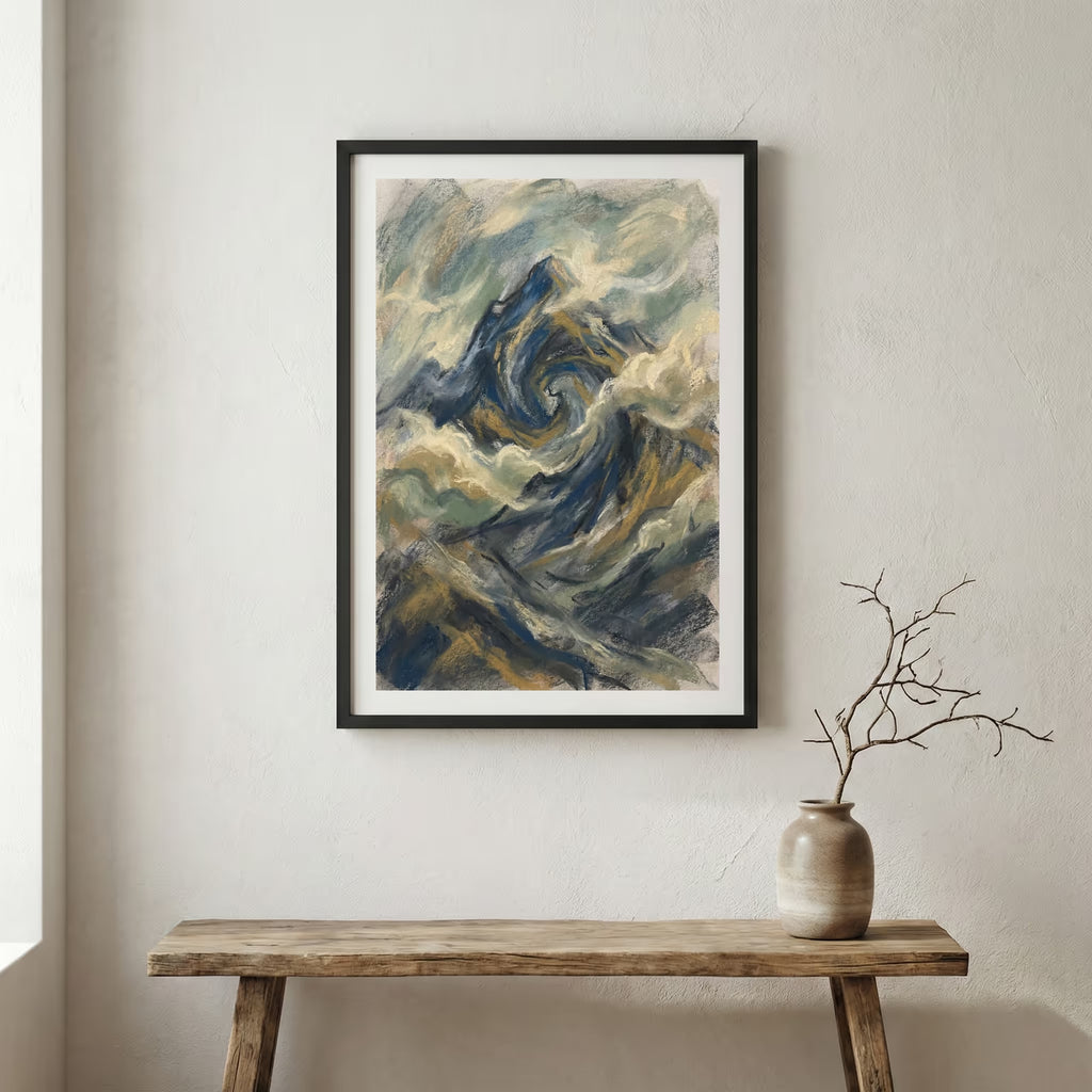 Blue Gold Textured Ocean Landscape Abstract canvas wall art in a framed room setting