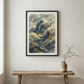 Blue Gold Textured Ocean Landscape Abstract canvas wall art in a framed room setting