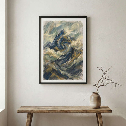 Blue Gold Textured Ocean Landscape Abstract canvas wall art in a framed room setting