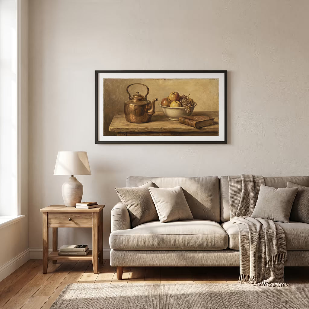 Vintage still life painting of a copper kettle, fruit bowl, and books on a wooden table — framed vintage painting print in a wooden frame, 26×15 in