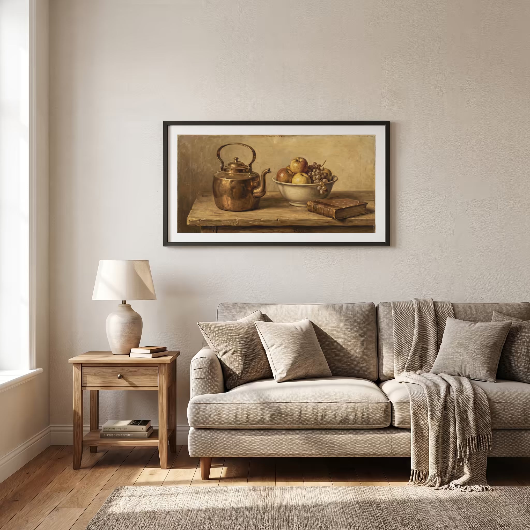 Vintage still life painting of a copper kettle, fruit bowl, and books on a wooden table — framed vintage painting print in a wooden frame, 26×15 in
