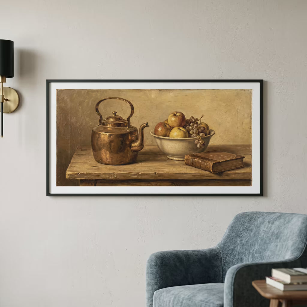 Vintage still life painting of a copper kettle, fruit bowl, and books on a wooden table — wooden frame art print, 21×12 in