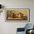 Vintage still life painting of a copper kettle, fruit bowl, and books on a wooden table — wooden frame art print, 21×12 in