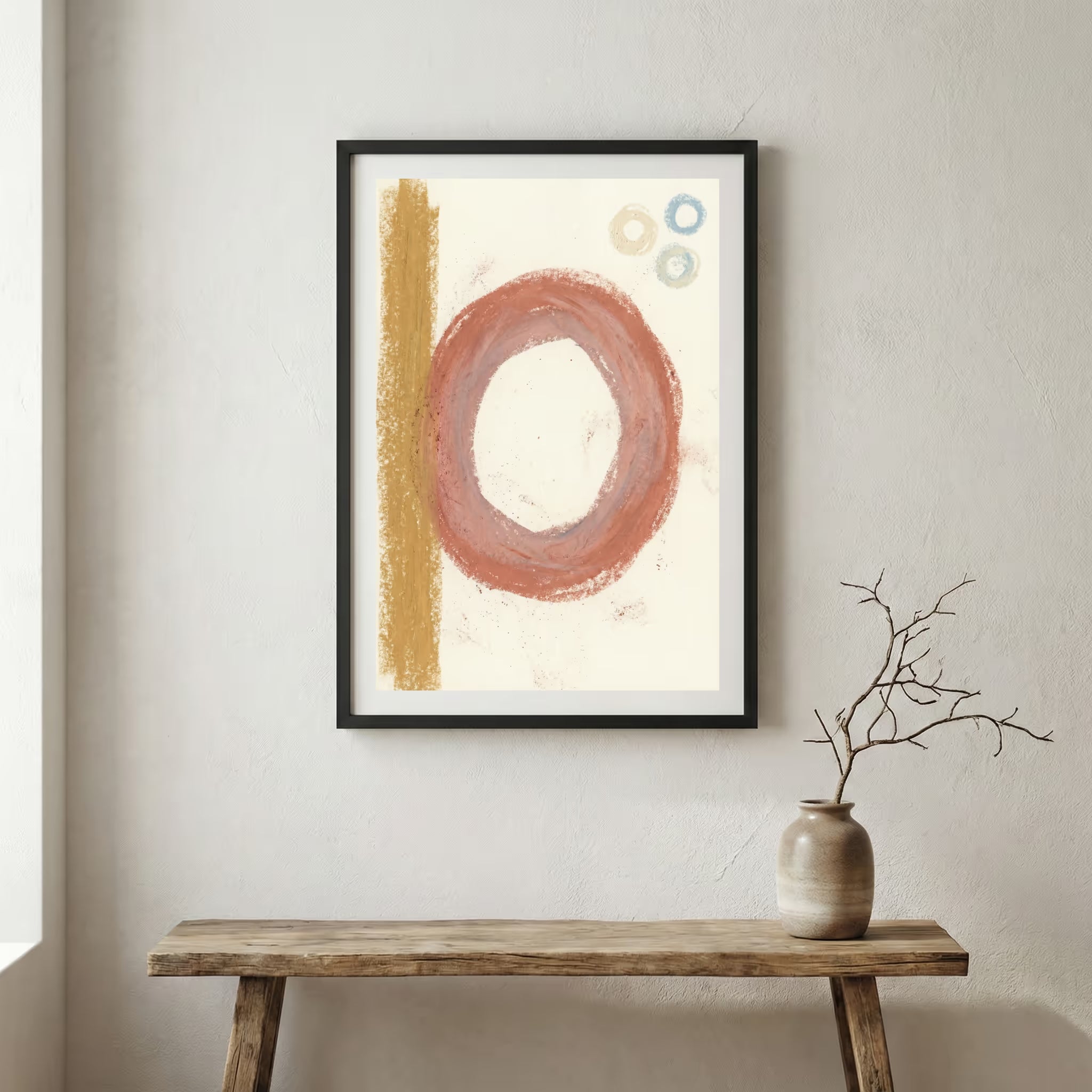Terracotta Gold Ring Abstract canvas wall art in a framed room setting