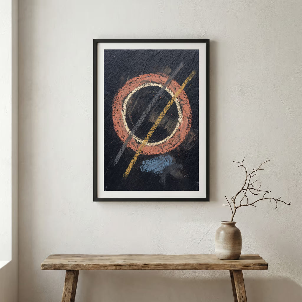 Black Gold Red Line Abstract canvas wall art in a framed room setting