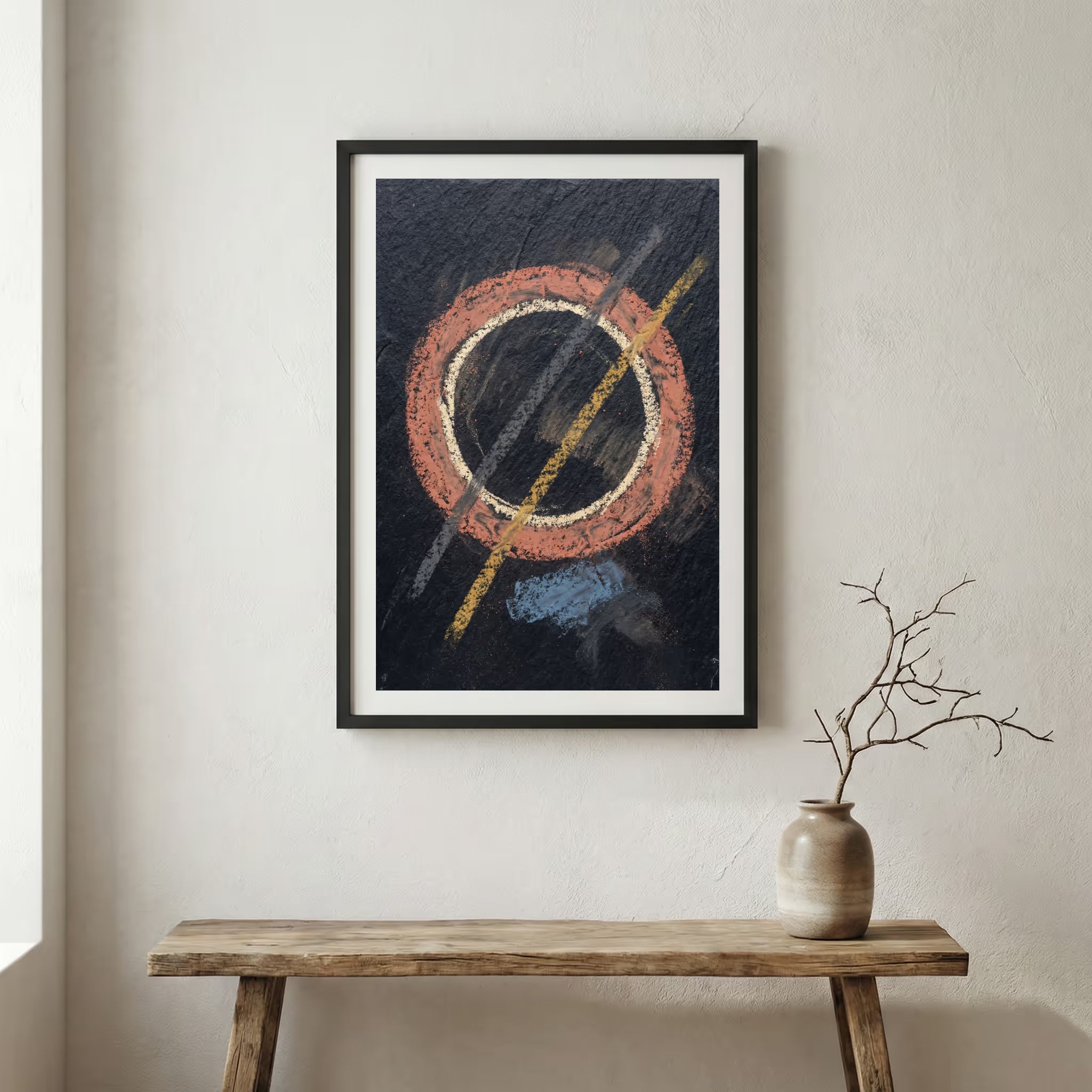 Black Gold Red Line Abstract canvas wall art in a framed room setting