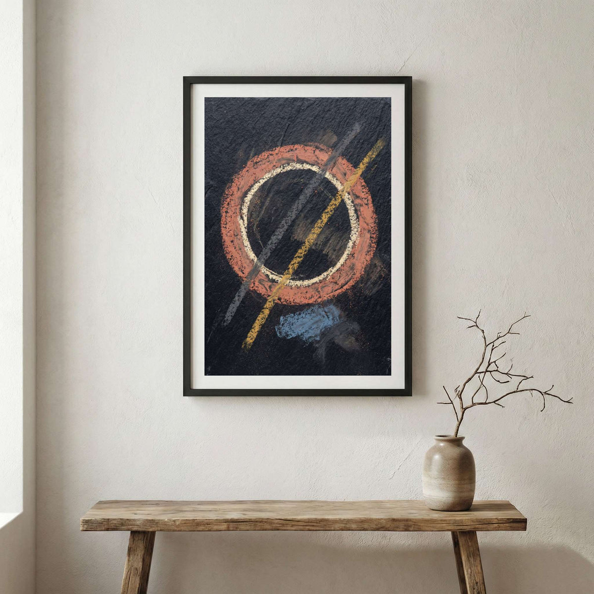 Black Gold Red Line Abstract canvas wall art in a framed room setting