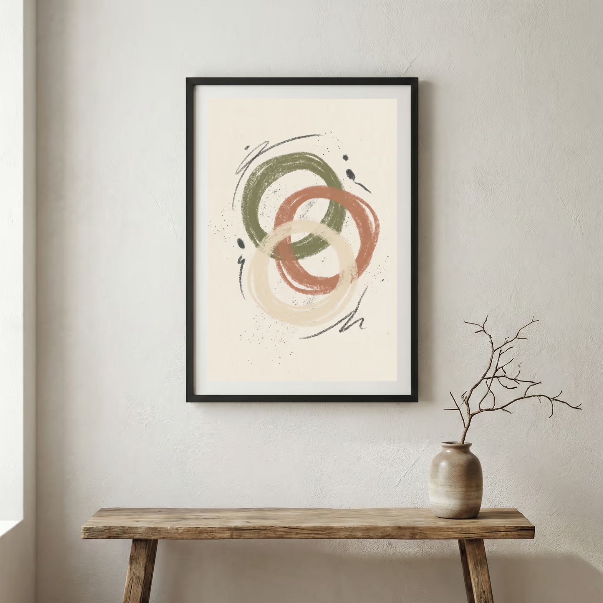 Sage Terracotta Interlocking Abstract canvas wall art in a framed room setting