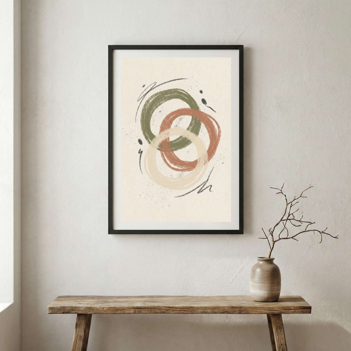 Sage Terracotta Interlocking Abstract canvas wall art in a framed room setting