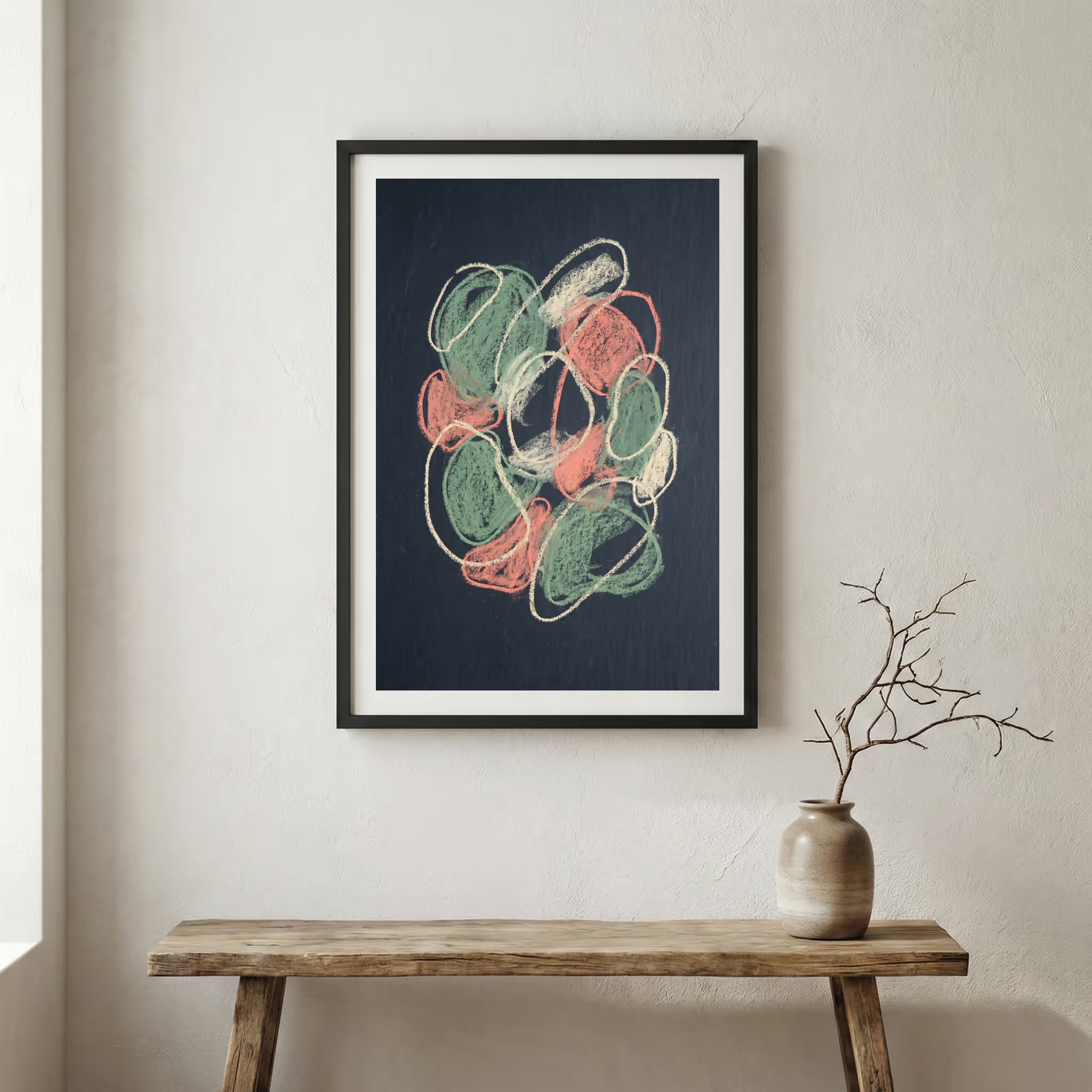 Black Floral Abstract canvas wall art in a framed room setting