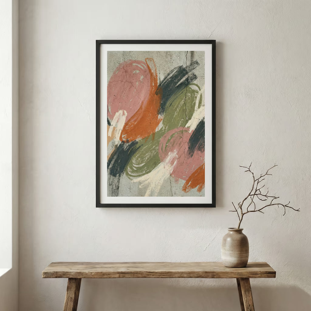 Terracotta Sage Brush Abstract canvas wall art in a framed room setting