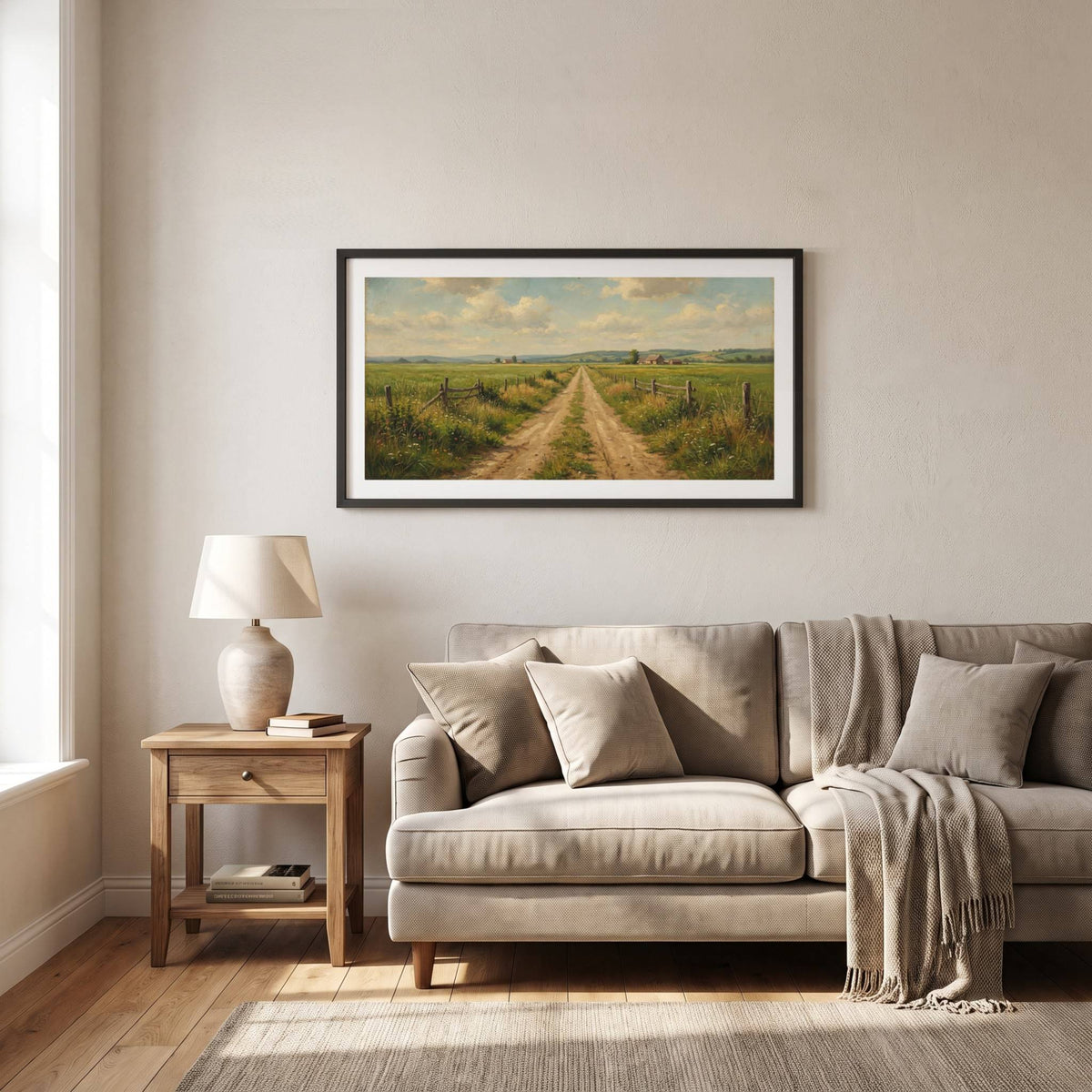 Vintage landscape painting of a dirt road through open farmland under a wide sky — framed vintage painting.