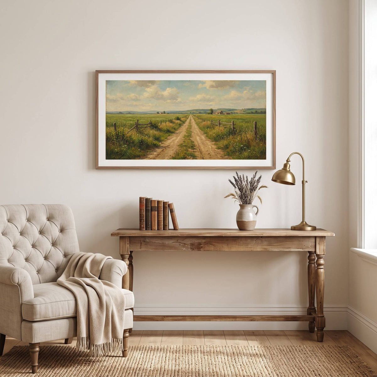 Vintage landscape painting of a dirt road through open farmland under a wide sky — framed vintage painting.