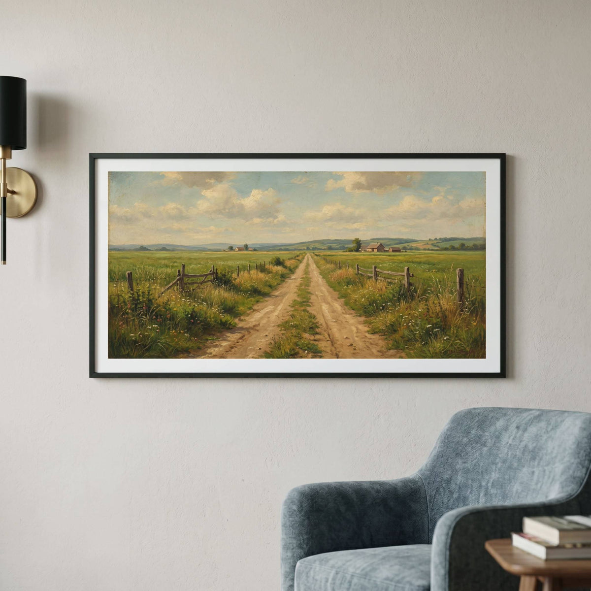Vintage landscape painting of a dirt road through open farmland under a wide sky — framed vintage painting.