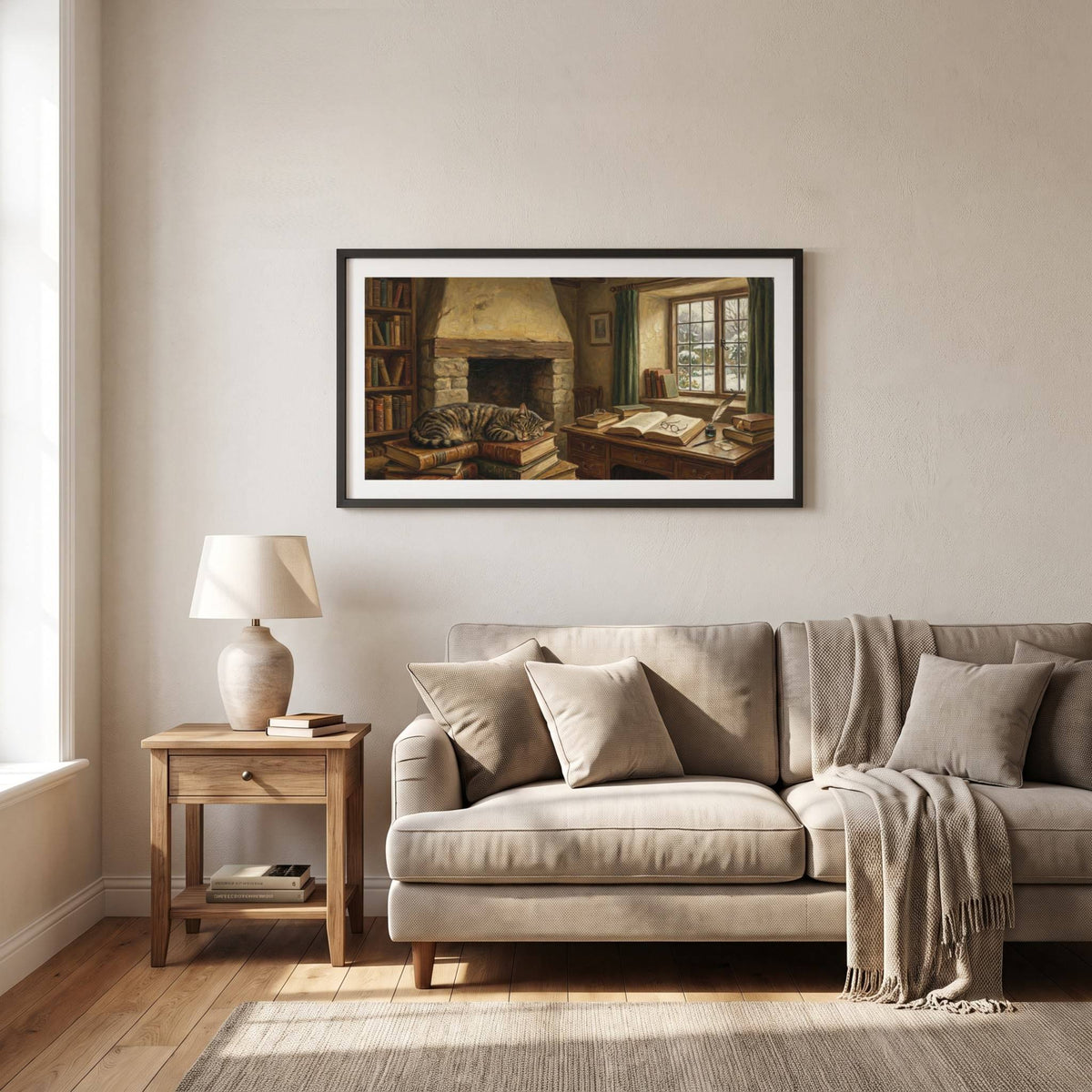 Vintage interior painting of a cozy study with a fireplace, bookshelves, and a window-lit desk — framed vintage painting.