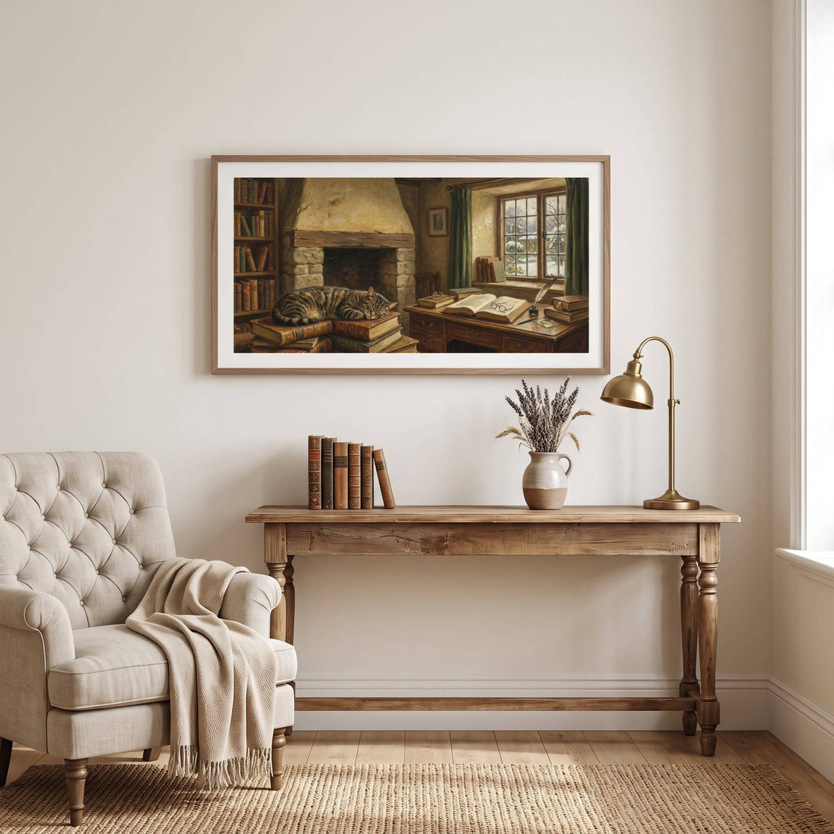 Vintage interior painting of a cozy study with a fireplace, bookshelves, and a window-lit desk — framed vintage painting.