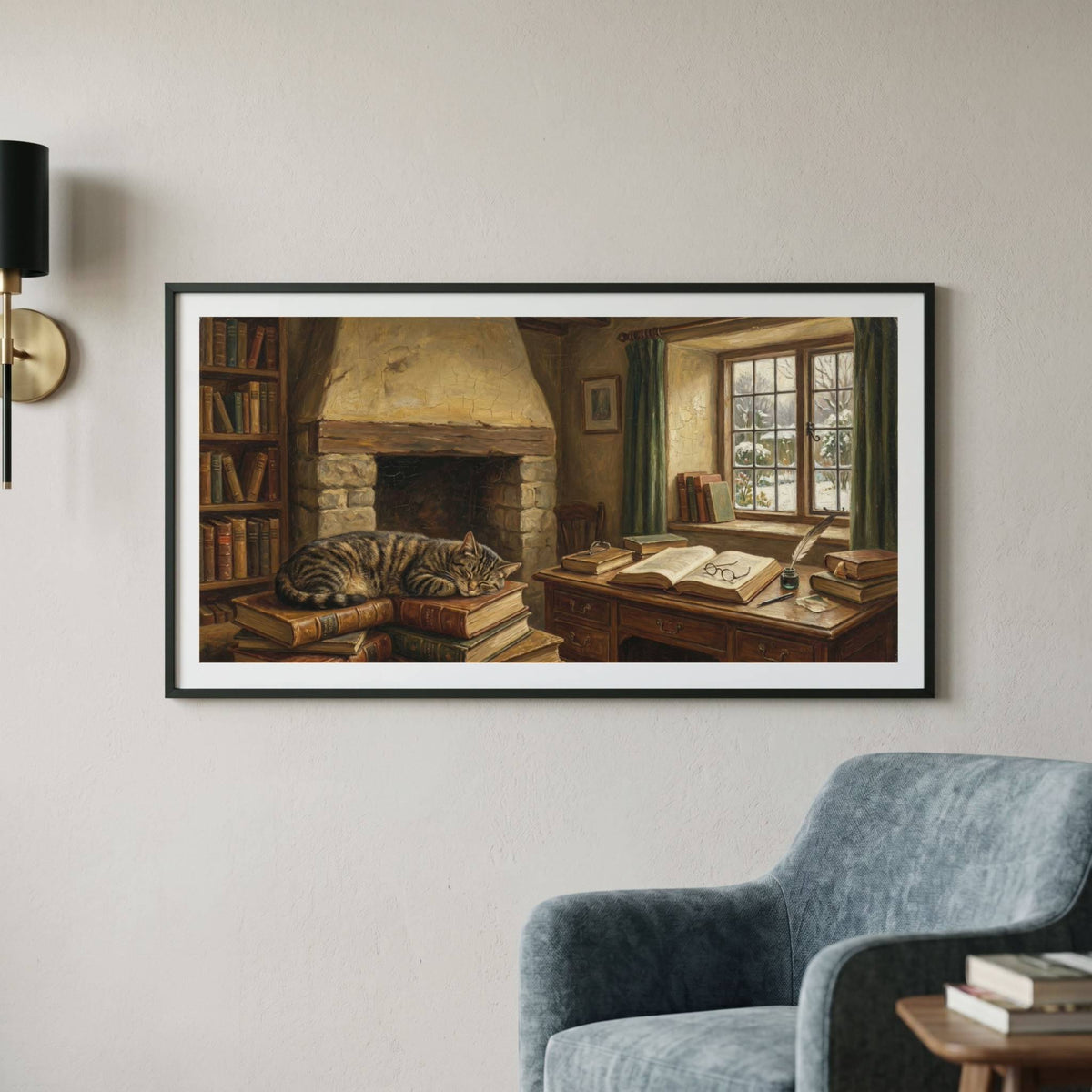 Vintage interior painting of a cozy study with a fireplace, bookshelves, and a window-lit desk — framed vintage painting.