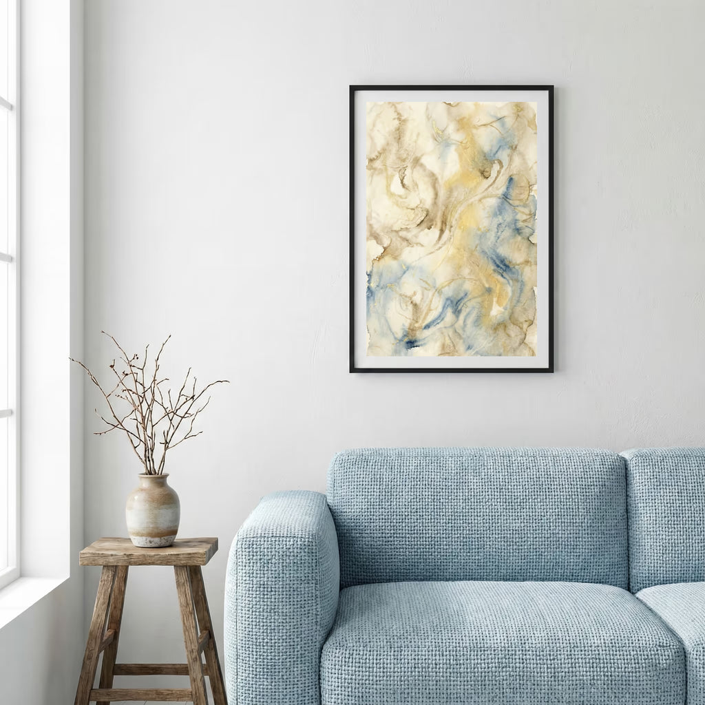 Cream Blue Gold Fluid Abstract canvas wall art — alternate a view
