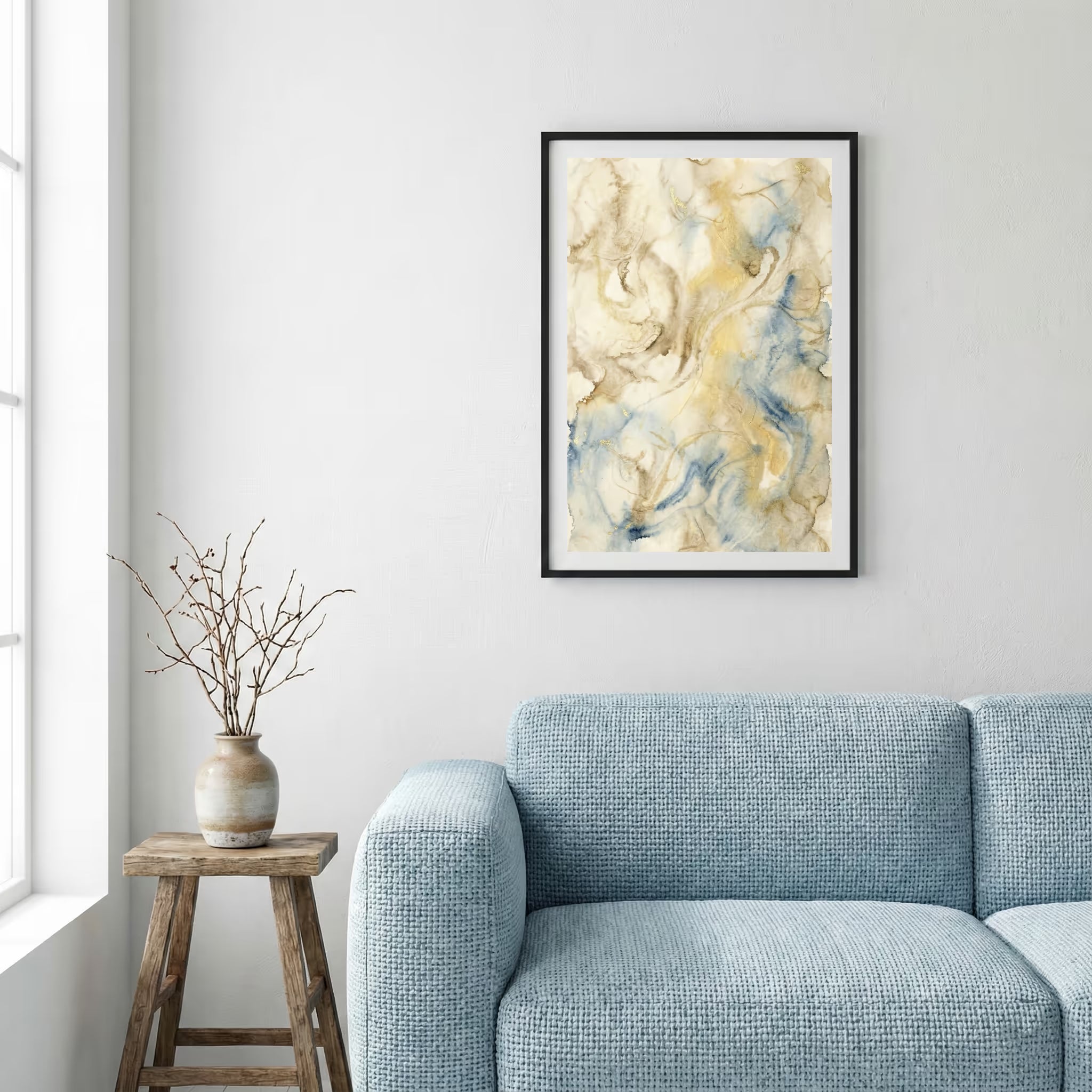 Cream Blue Gold Fluid Abstract canvas wall art — alternate a view