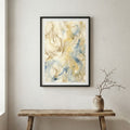Cream Blue Gold Fluid Abstract canvas wall art in a framed room setting