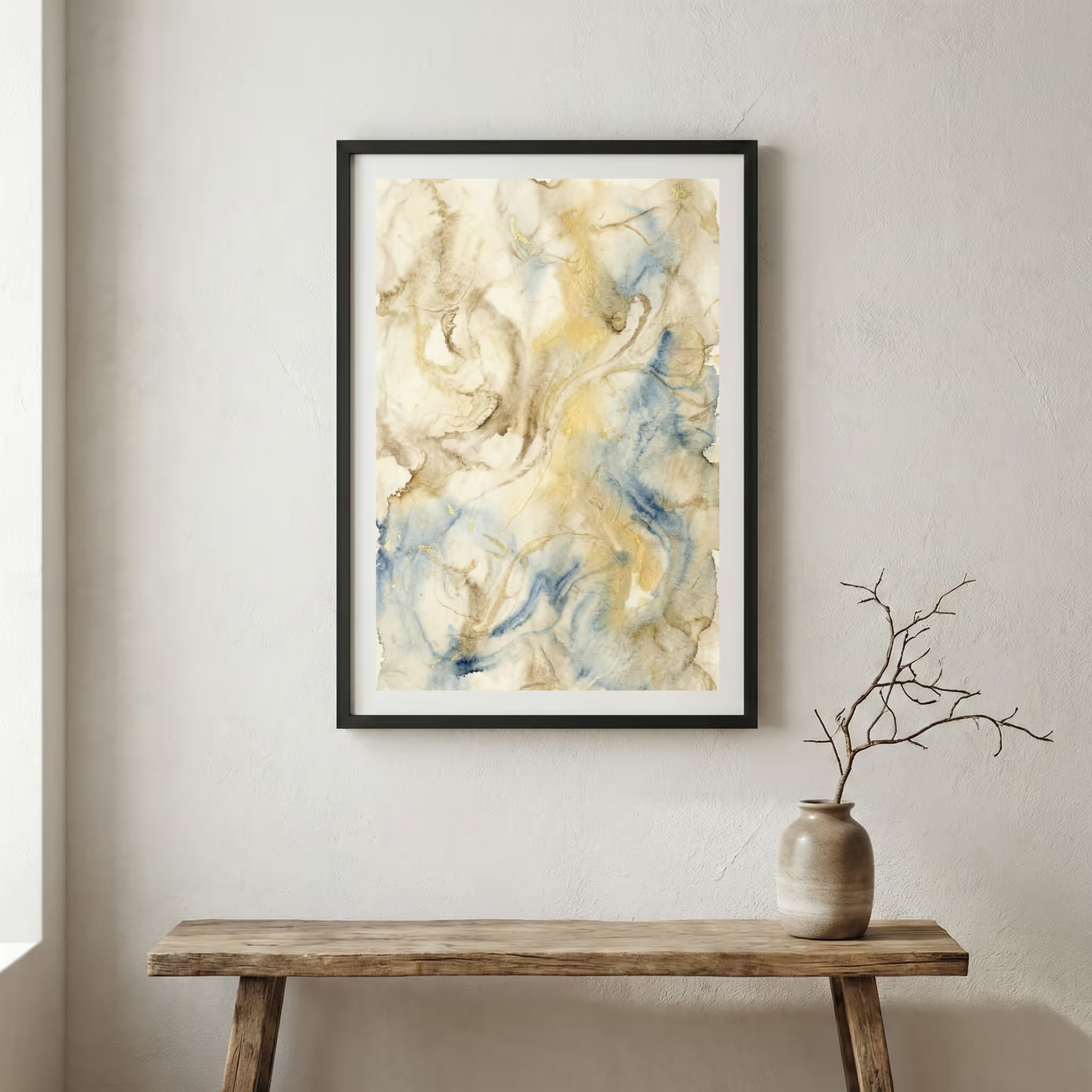 Cream Blue Gold Fluid Abstract canvas wall art in a framed room setting