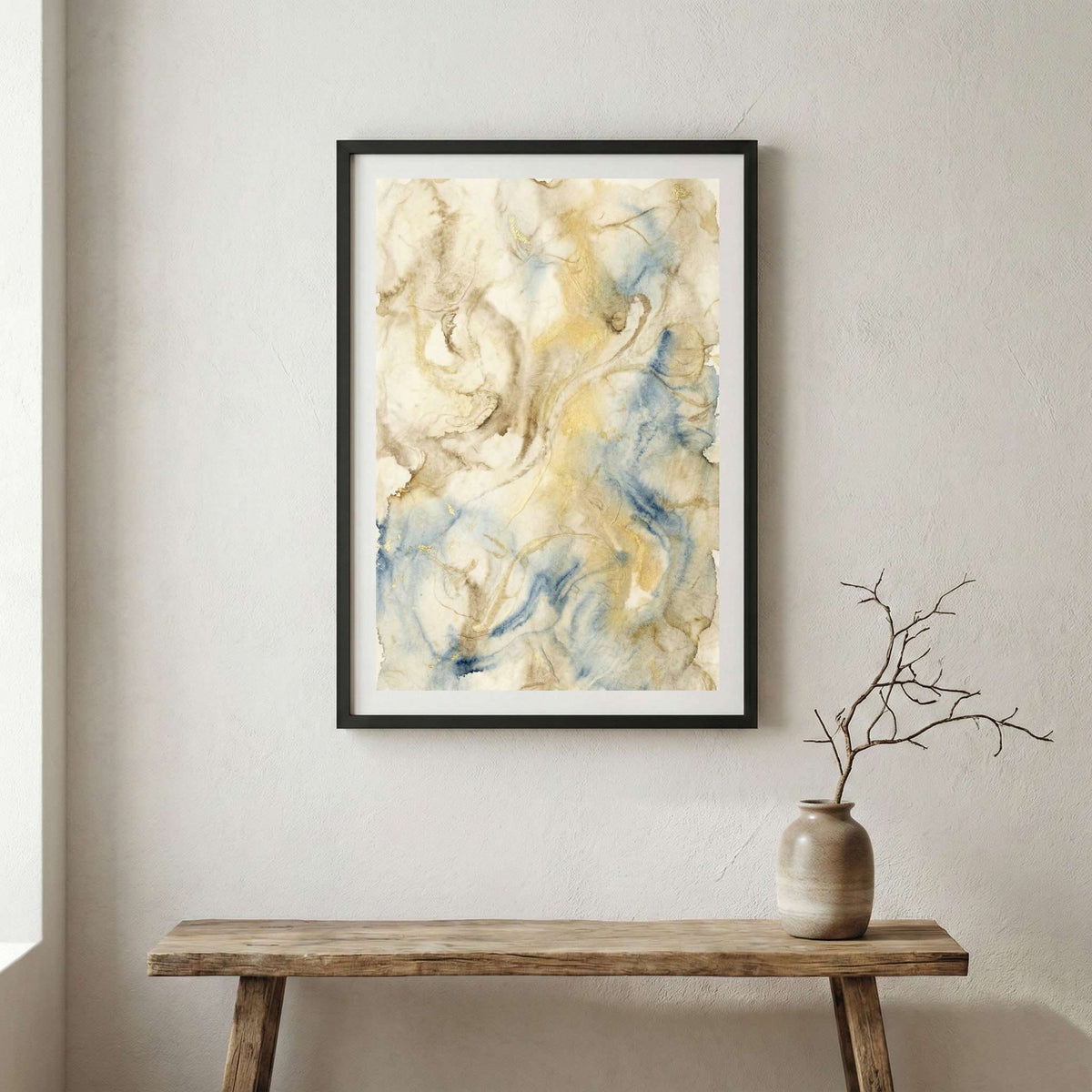 Cream Blue Gold Fluid Abstract canvas wall art in a framed room setting
