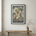 Dark Floral Abstract canvas wall art in a framed room setting