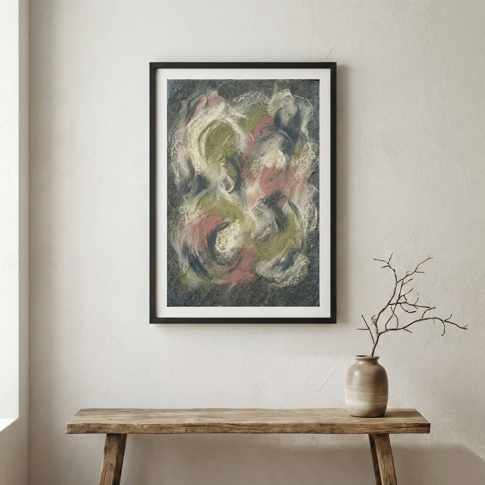Dark Floral Abstract canvas wall art in a framed room setting