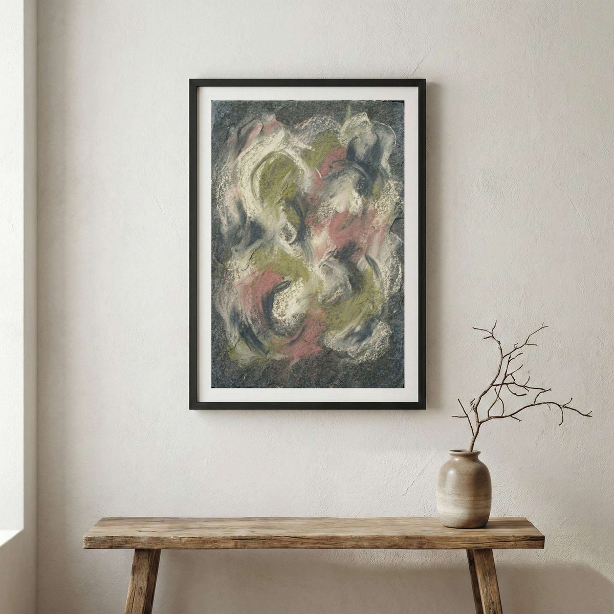 Dark Floral Abstract canvas wall art in a framed room setting