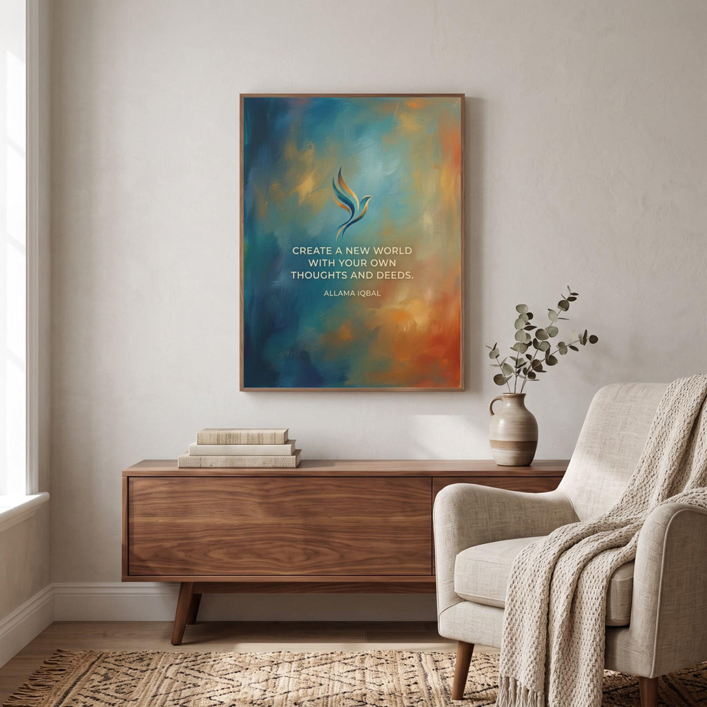 Allama Iqbal quote wall art: "Create a new world with your own thoughts and deeds"