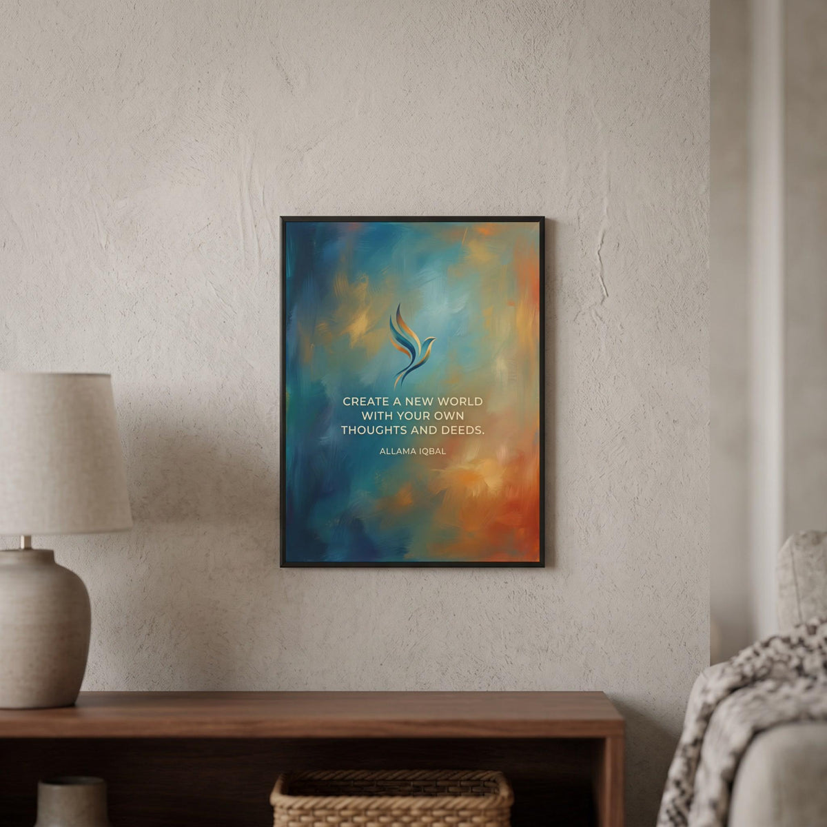 Allama Iqbal quote wall art: "Create a new world with your own thoughts and deeds"