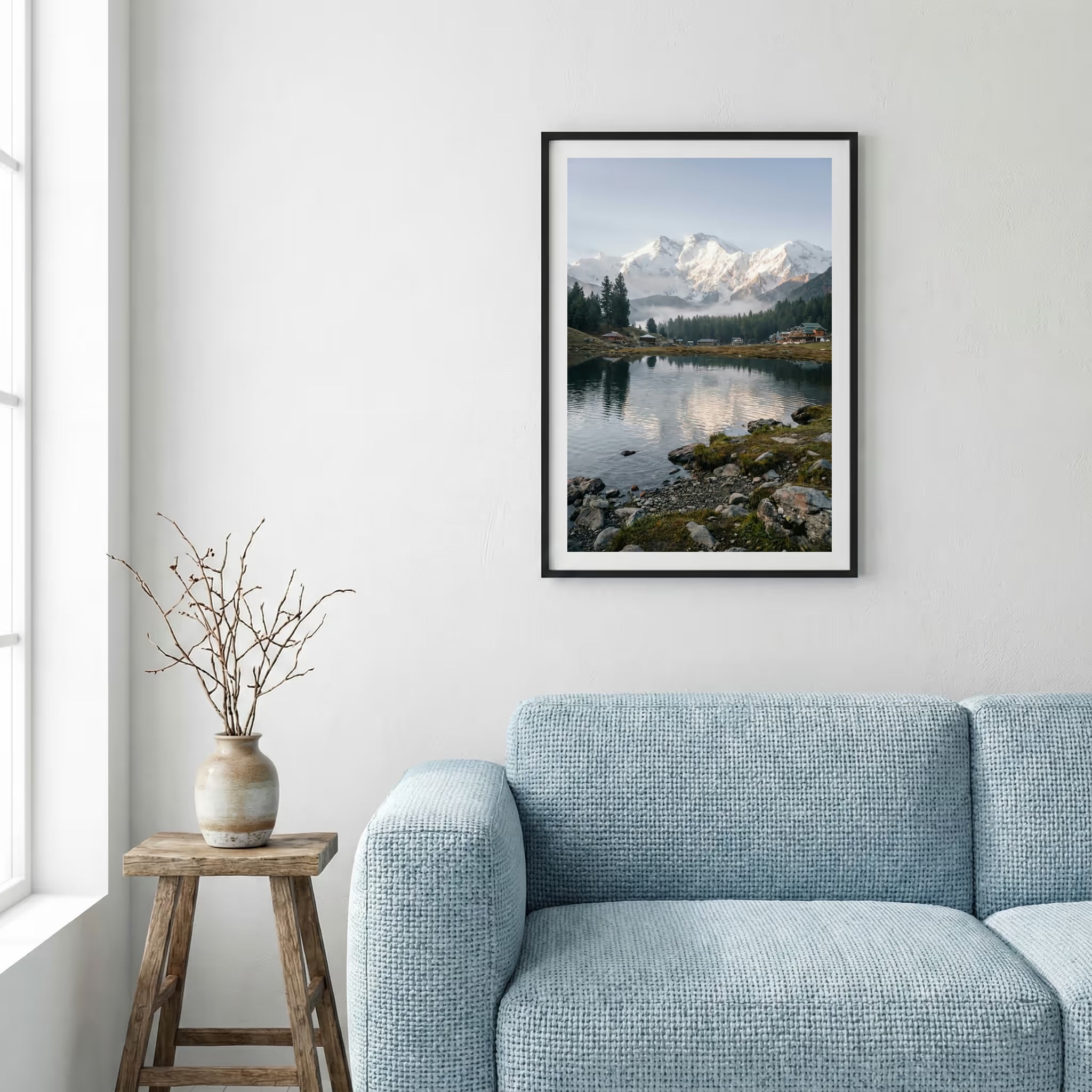 Vivid red and orange autumn foliage lining a turquoise mountain river — framed canvas wall art in a wooden frame, 16×24 in