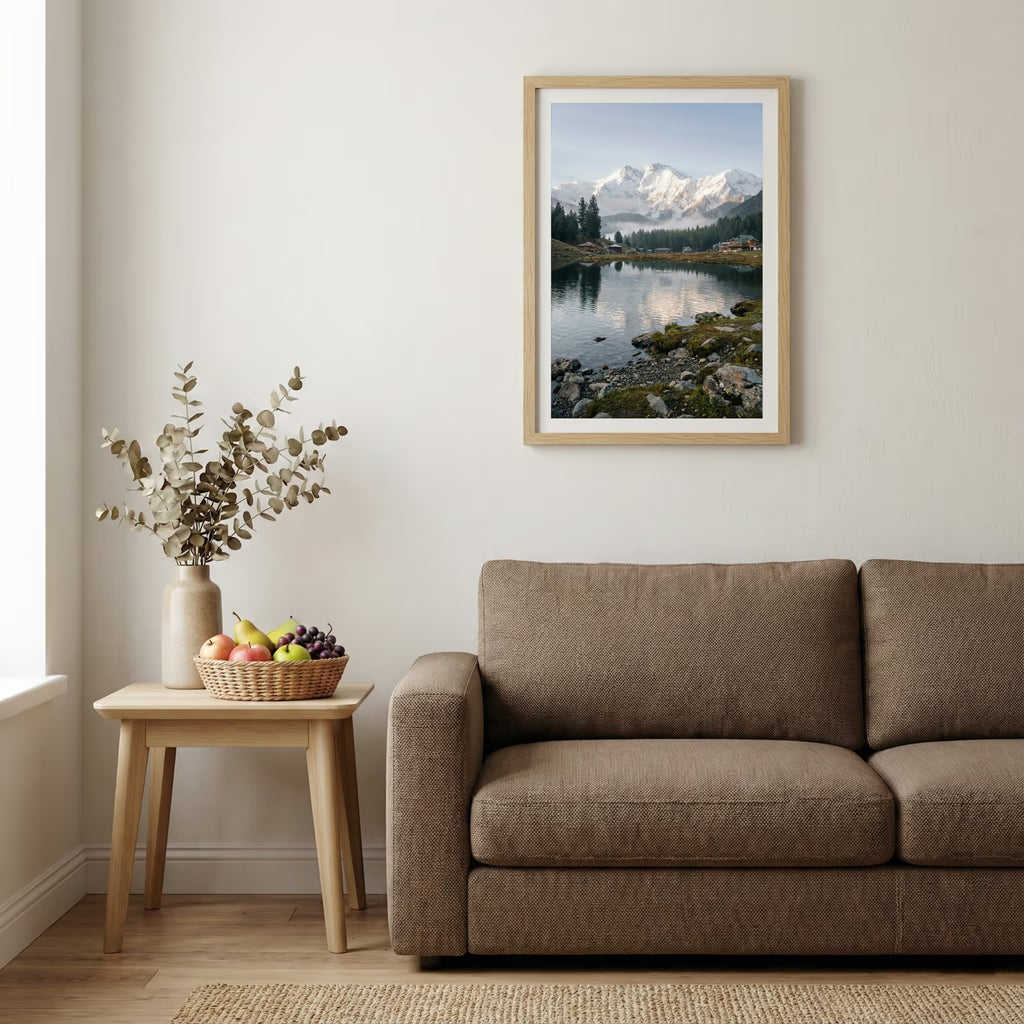 Vivid red and orange autumn foliage lining a turquoise mountain river — wooden-frame wall art print, 20×30 in