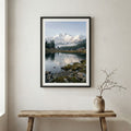 Vivid red and orange autumn foliage lining a turquoise mountain river — wooden frame canvas wall art print, 12×18 in